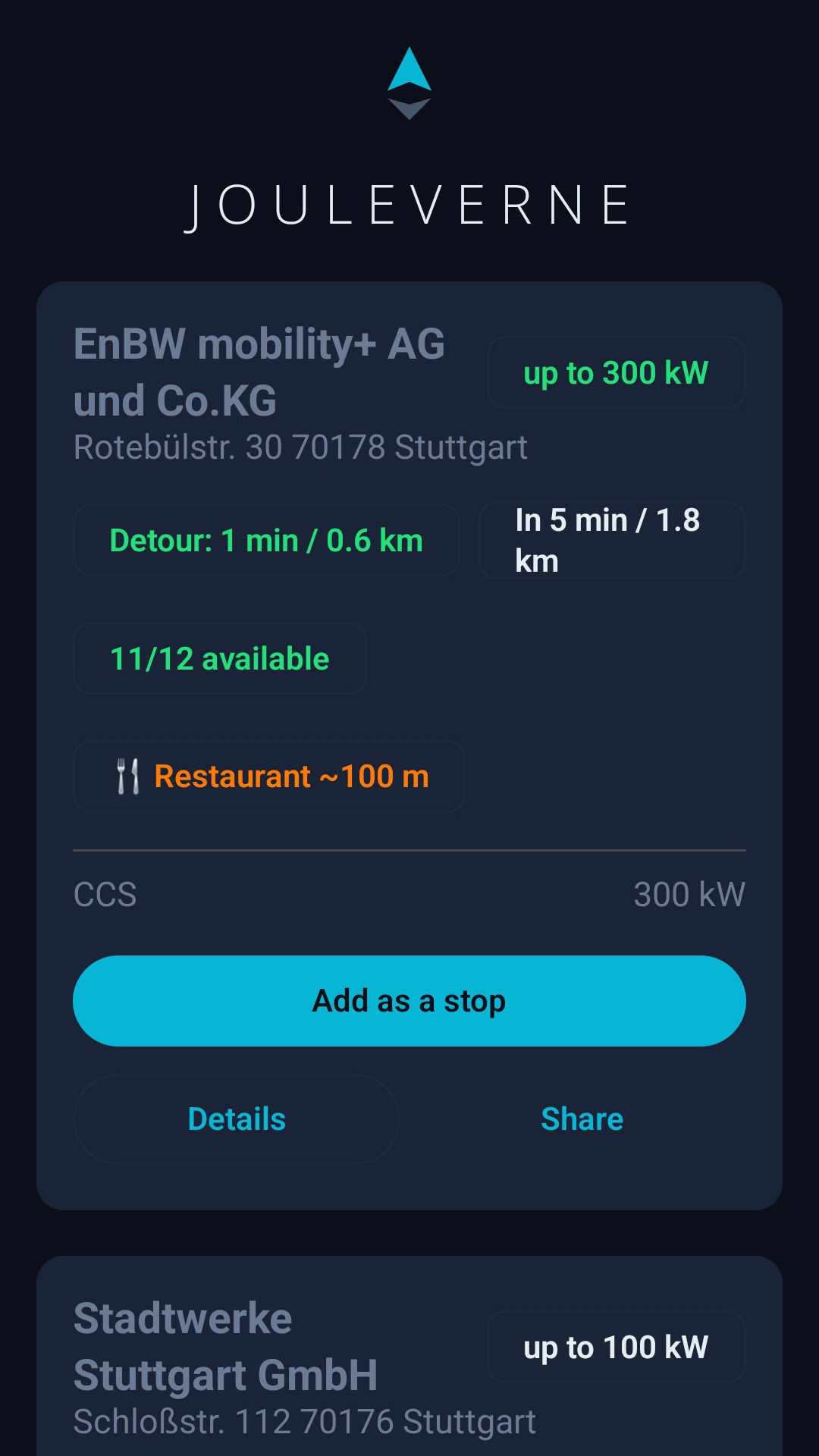 Charging stations showing nearby restaurants