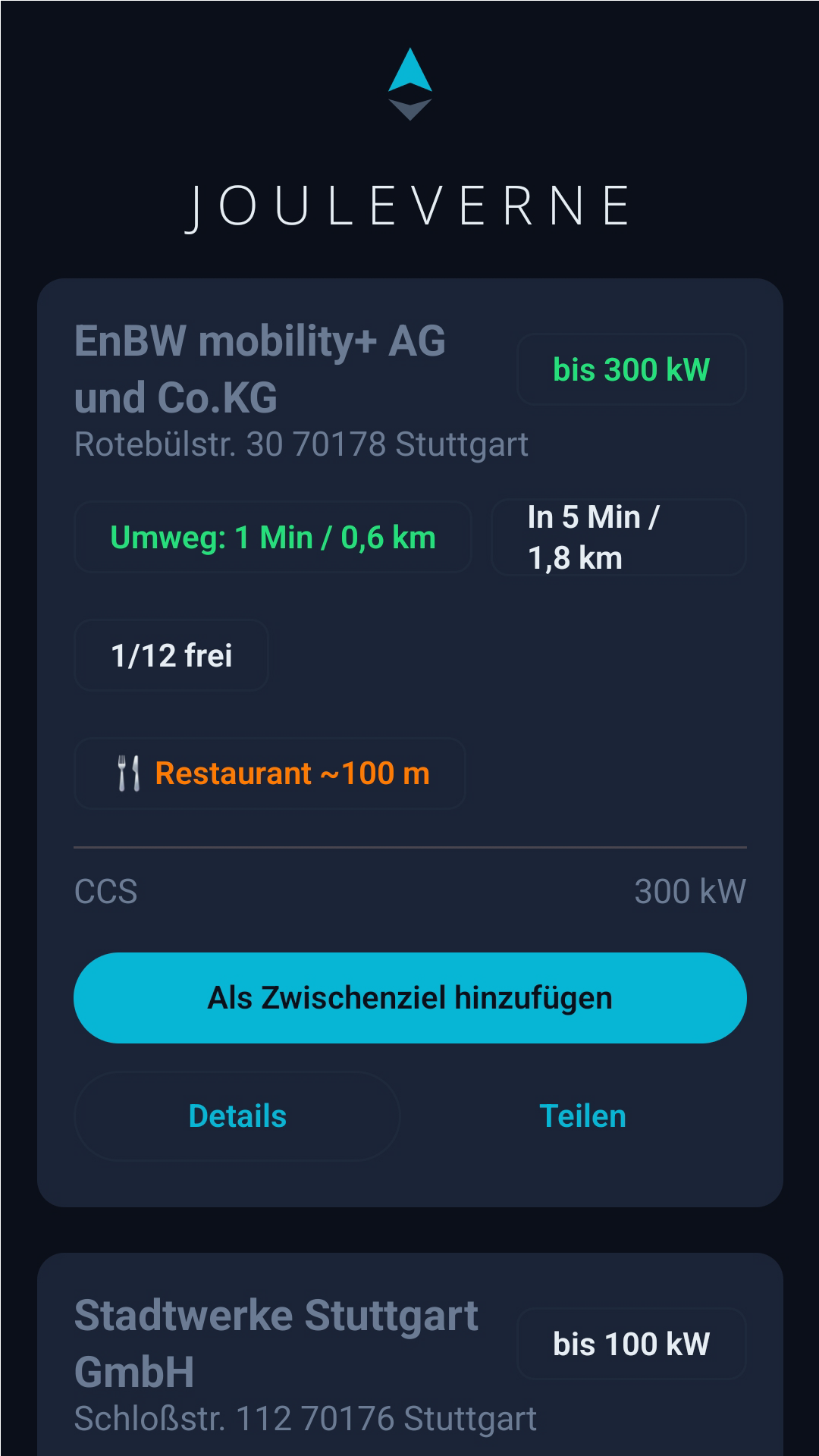 Ladestationen mit Hinweis auf Restaurants in der Nähe