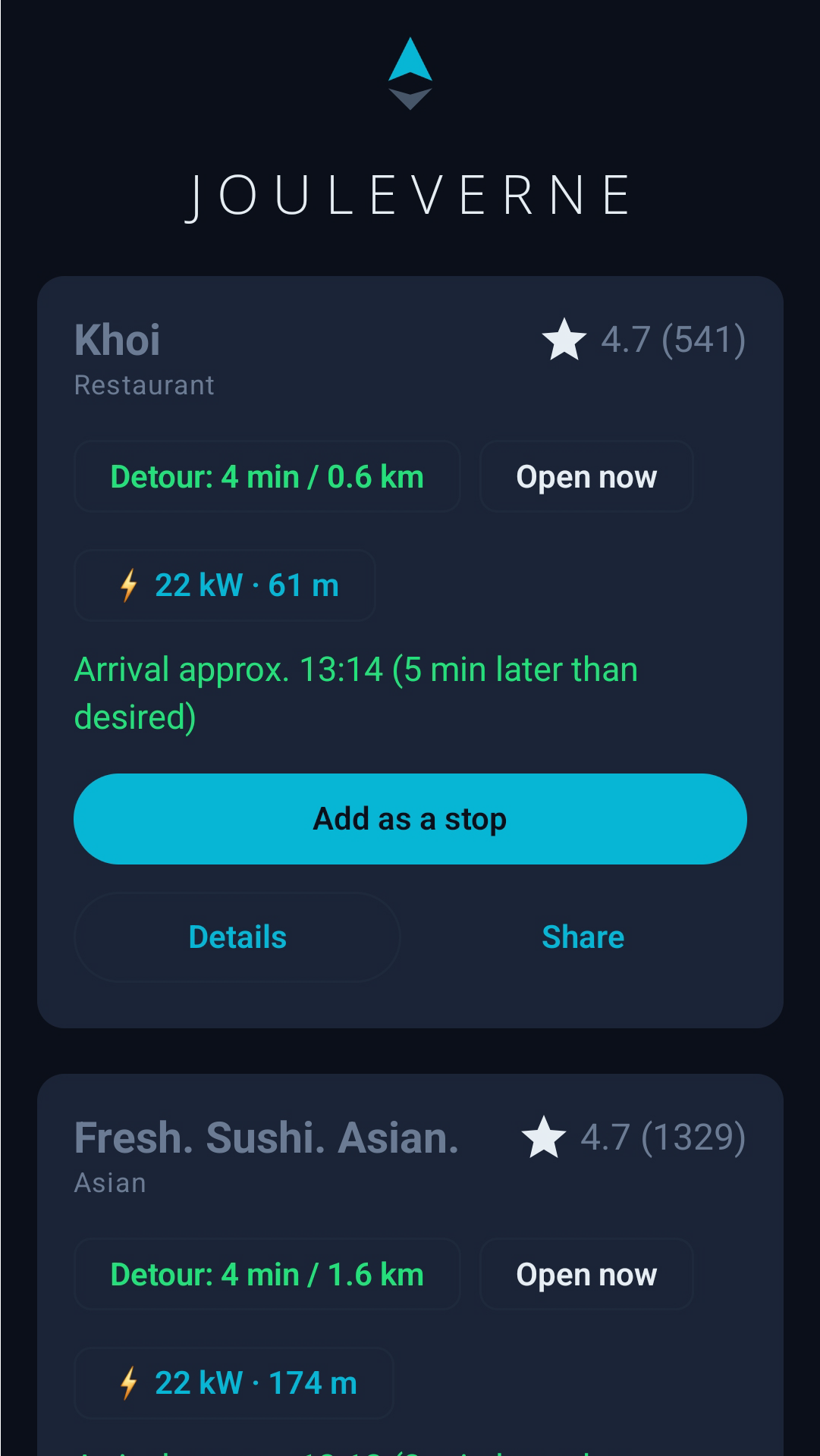 Stops along the route with the exact detour time