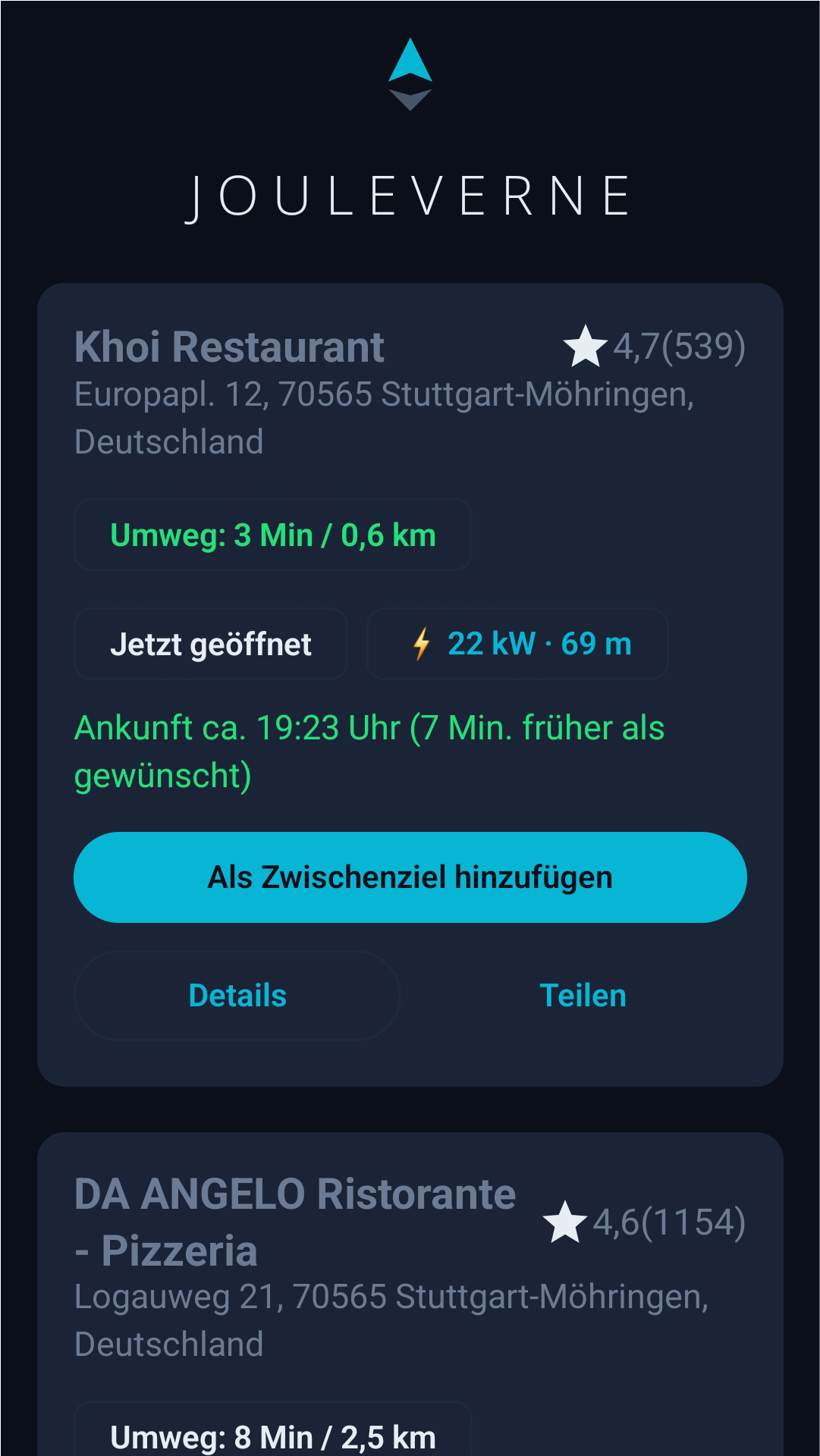 Stopps auf der Route mit exakter Umweg-Zeit