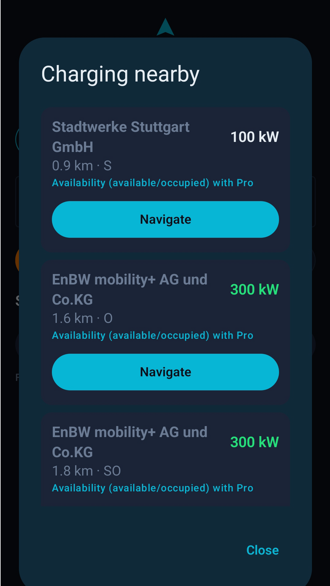 Charge points ahead of you, with power output and free bays